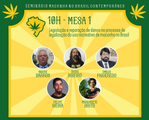 Mesa 1 - Legislação e reparação de danos no processo de legalização do uso recreativo de maconha no Brasil André Barros - mestre em ciências penais e advogado da Marcha da Maconha Dudu Ribeiro - coordenador da Iniciativa Negra por uma nova política sobre drogas Emílio Figueiredo - fundador e diretor da Rede Reforma Felipe Vieira - organizador da Marcha das Favelas pela Legalização Margarete Brito - fundadora e diretora da Apepi