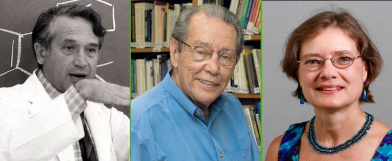 Montagem com fotos dos doutores Raphael Mechoulam (E), Elisaldo Carlini (C) e Allyn Howlett (D)