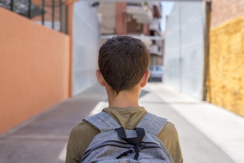 Teenage school boy with a backpack on his back walking to school ( back to school concept )
